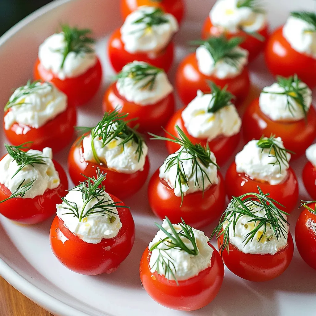 Bright red tomatoes topped with swirls of creamy white filling.