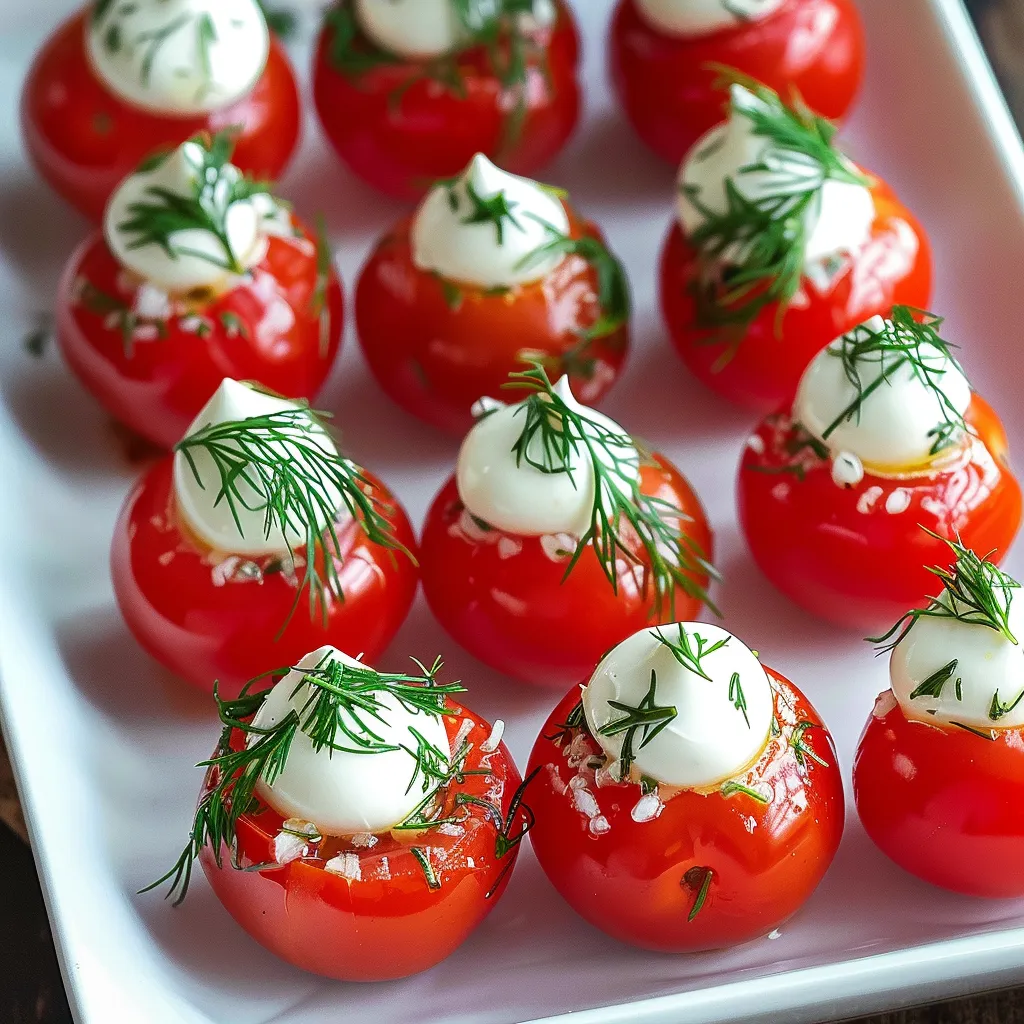 Red cherry tomatoes filled with piped white cream cheese mixture.