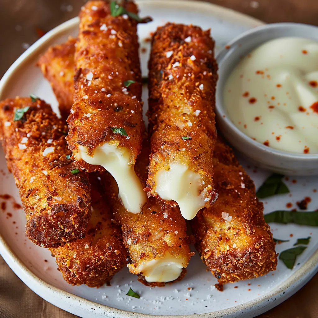 A plate of cheesy sticks and a sauce bowl.