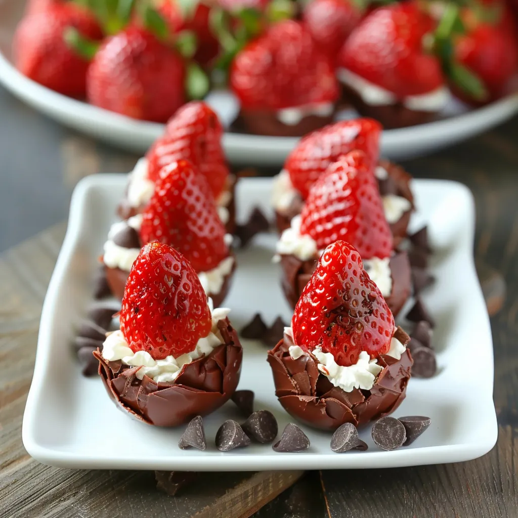 A dish of strawberries filled with chocolate cheesecake.