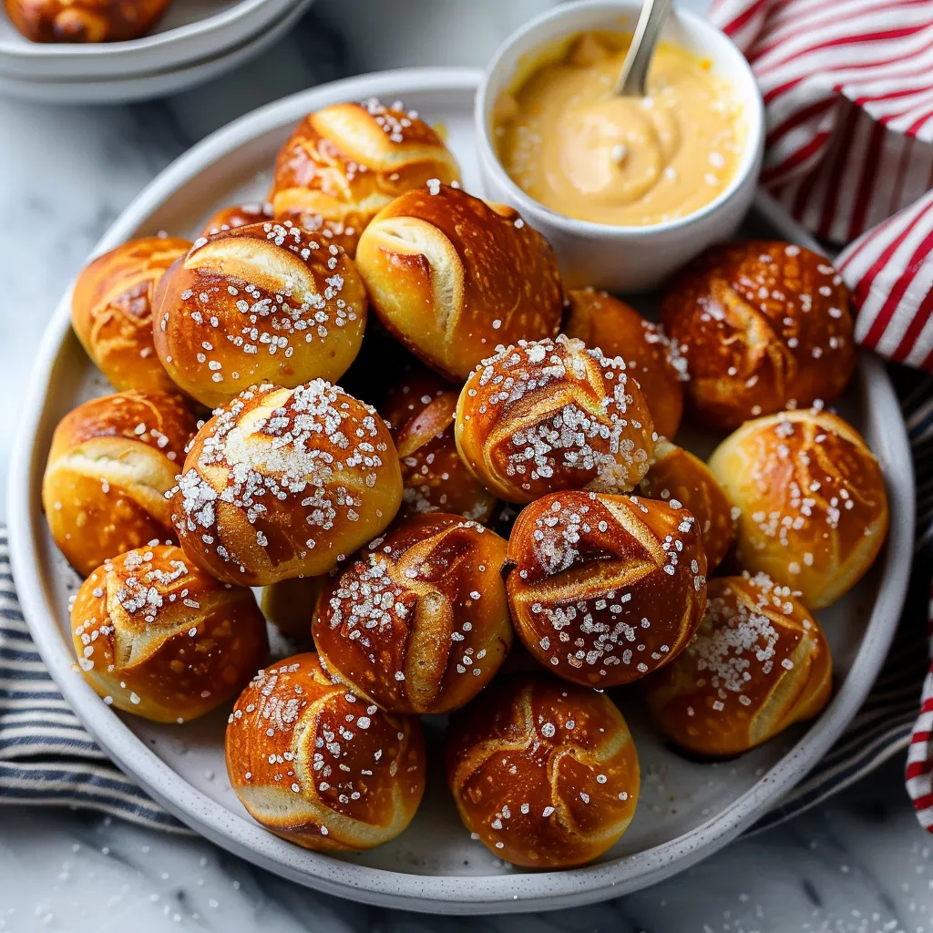 A plate of soft, golden pretzel bites served with dipping sauce.