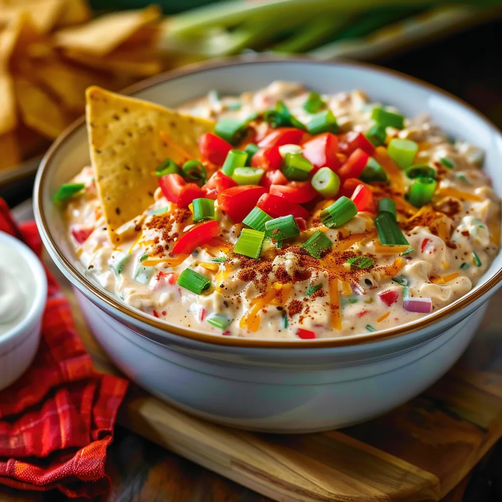 A bowl of creamy dip topped with a tortilla chip.