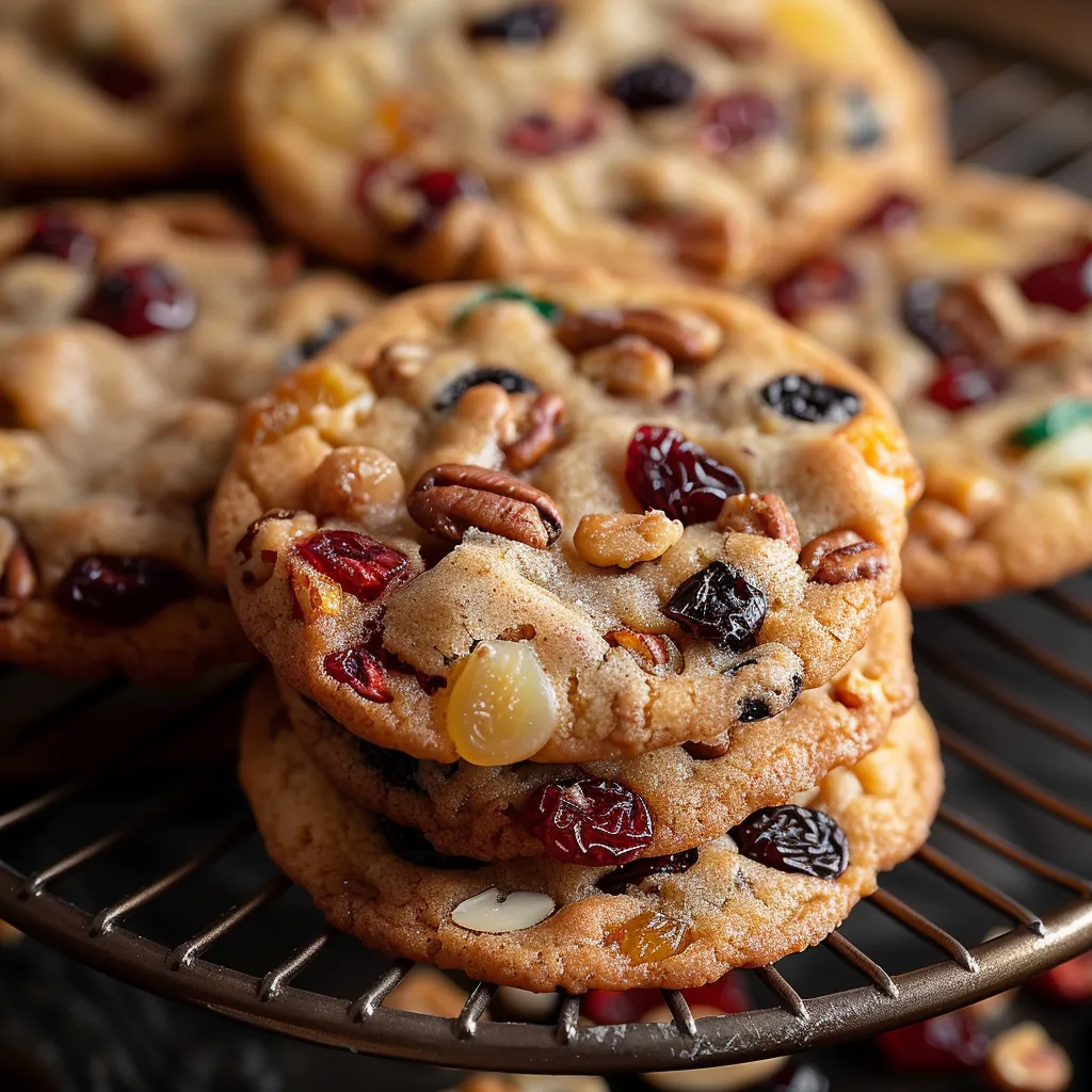 Cookies with fruits and nuts on a plate.