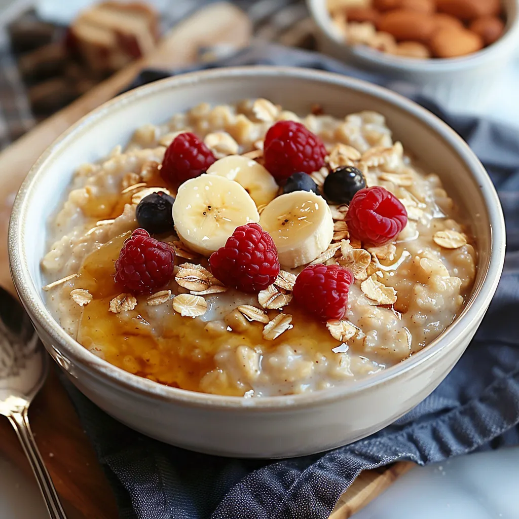 A bowl filled with oatmeal, topped with bananas, berries, and nuts.