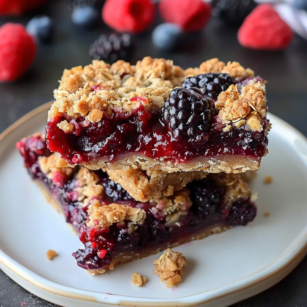 A plate holding berry bars with oat topping.