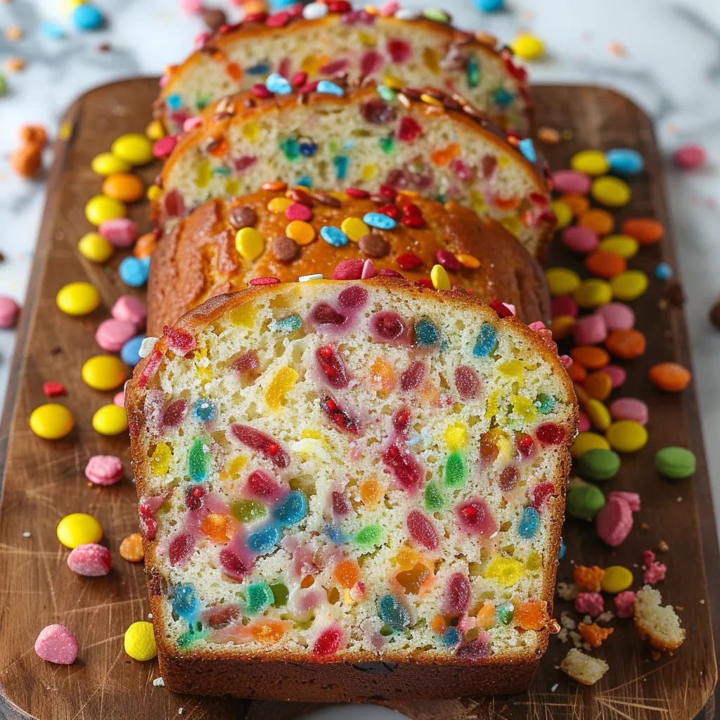 A golden loaf topped with rainbow cereal pieces.