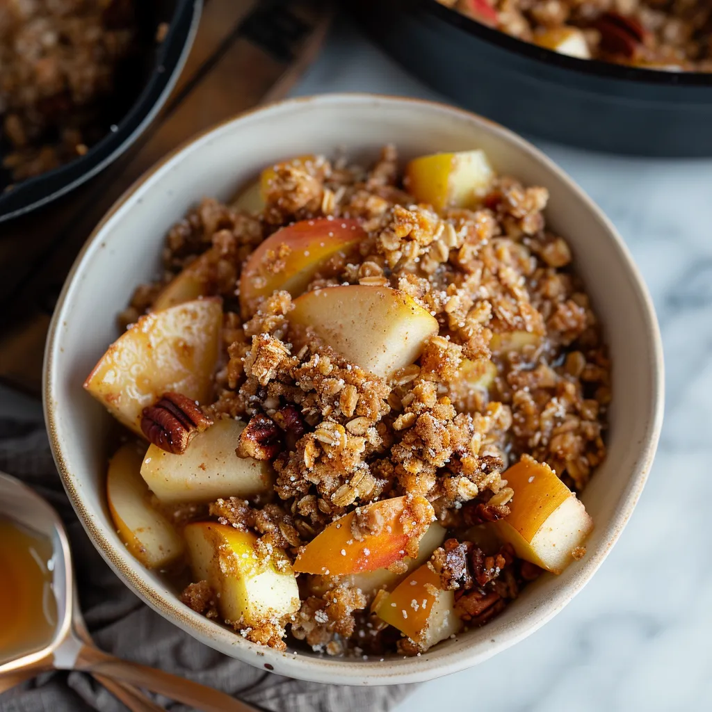 A cozy bowl of cinnamon apples with nuts on top.