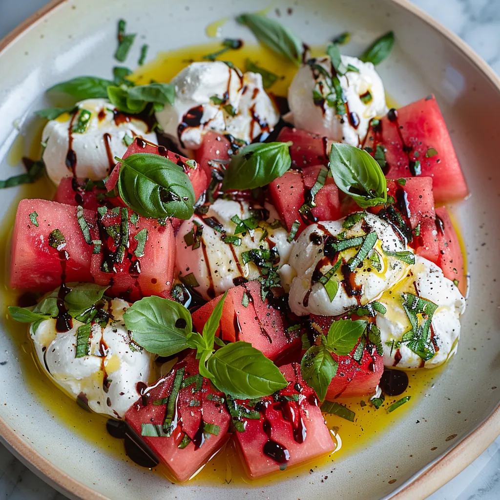 A dish featuring watermelon, cheese, and basil leaves.