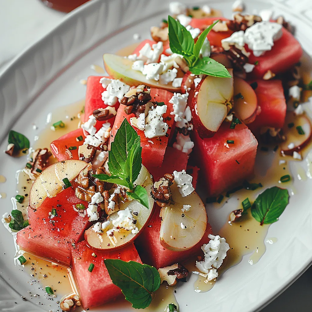 A bowl of mixed watermelon, apples, nuts, and feta cheese.