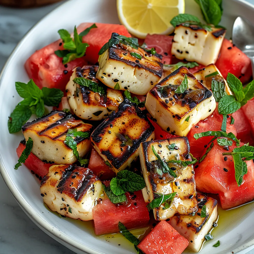 A platter of watermelon chunks, grilled cheese, lemon, and fresh mint.
