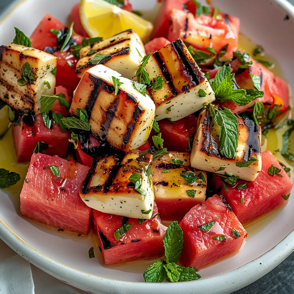 A bowl of watermelon and cheese.