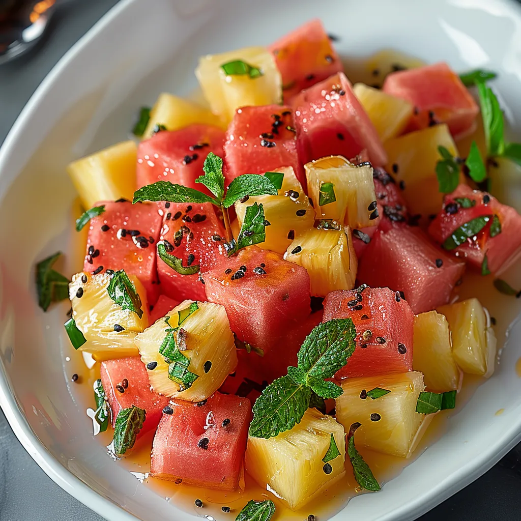 A white bowl with watermelon and pineapple slices.