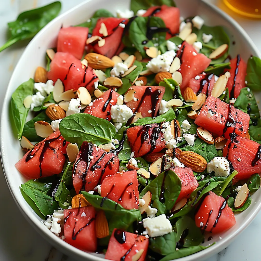 A colorful salad with watermelon, feta, and nuts in a white bowl.