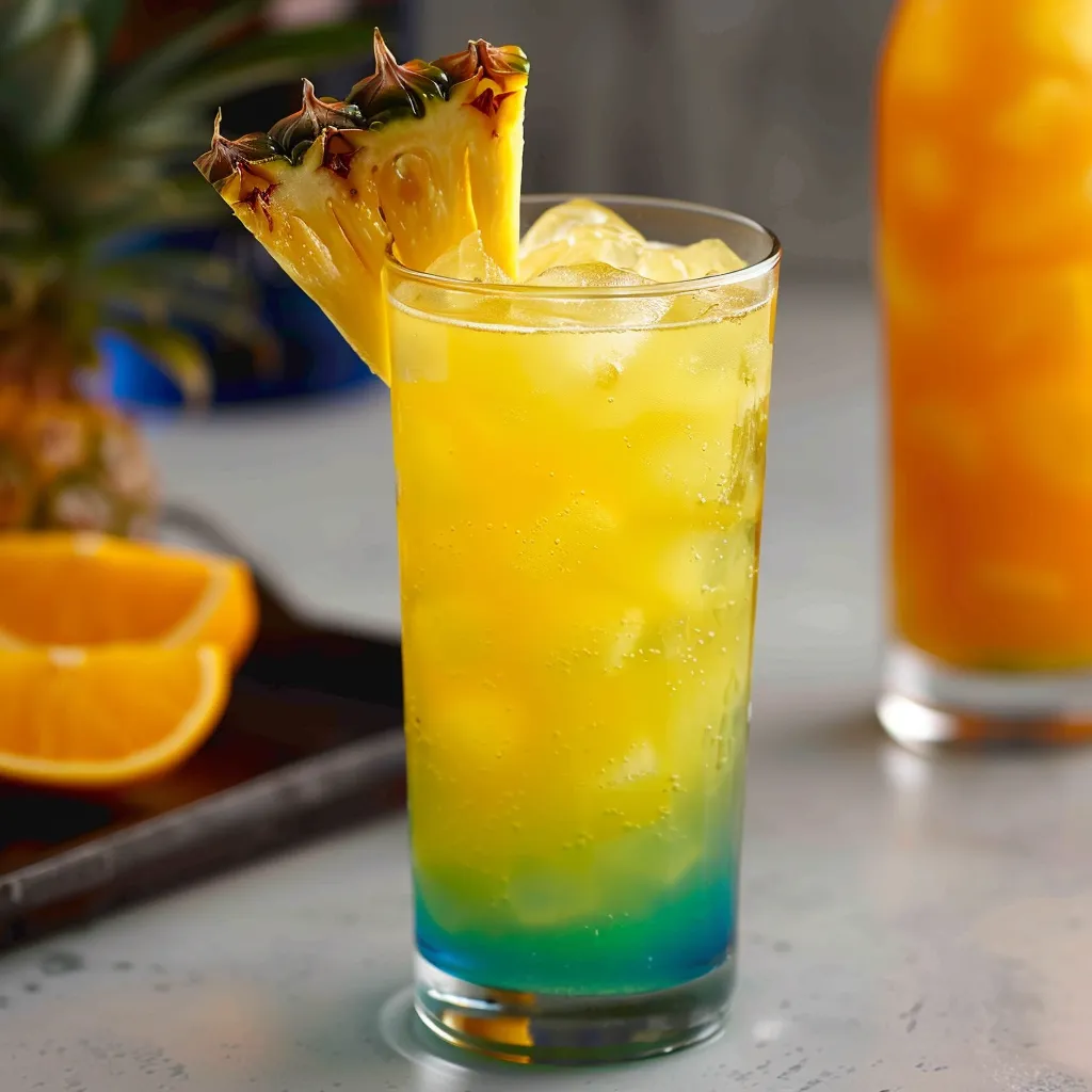 A pineapple juice-filled glass with a pineapple slice garnish.