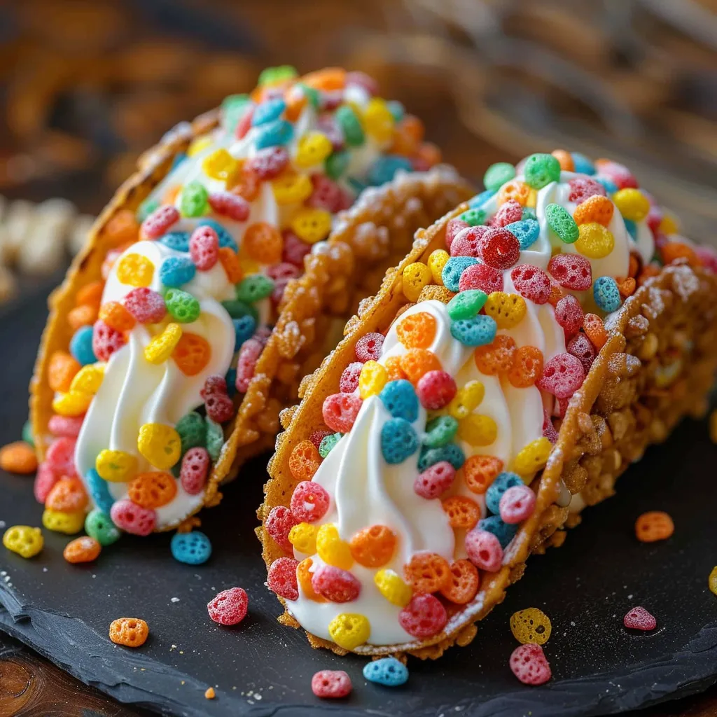 Bright cereal tacos stuffed with cream.