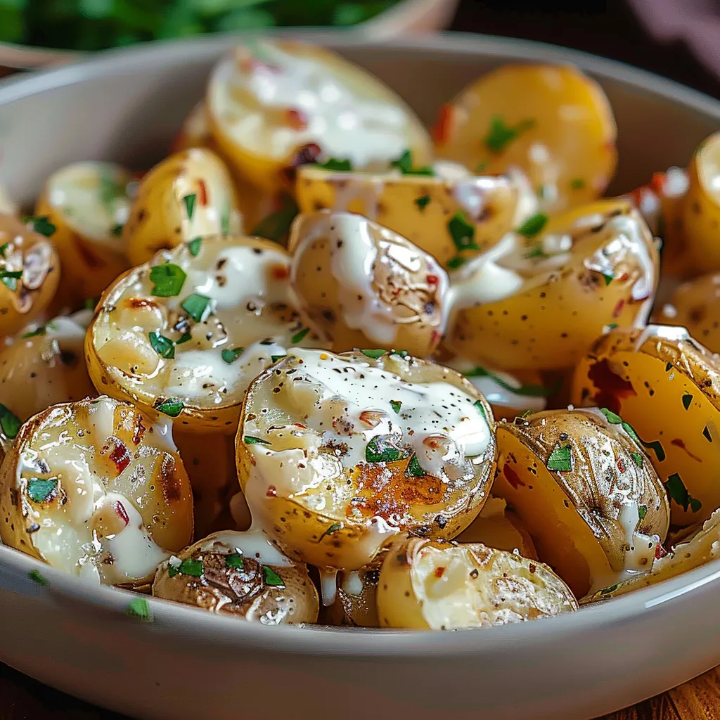 A cozy dish of potatoes drenched in garlic sauce.