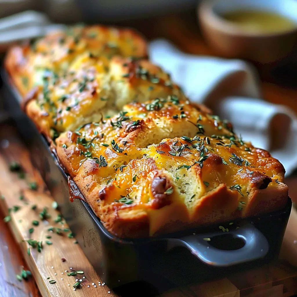 A loaf of cheesy bread topped with herbs.
