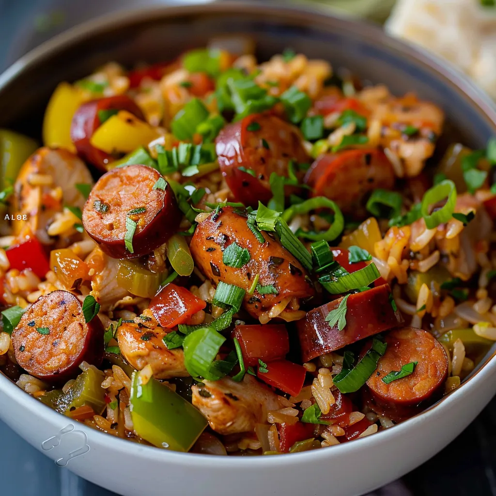 A rice bowl filled with sausage and veggies.