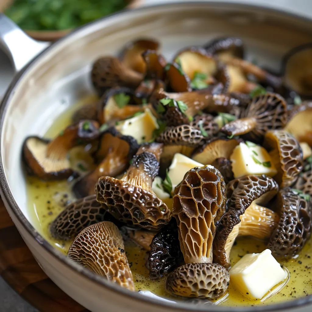 Golden mushrooms served in a bowl with melted butter.