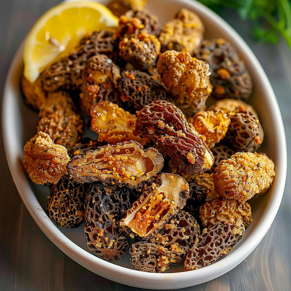 Mushroom bowl with lemon wedge on top.