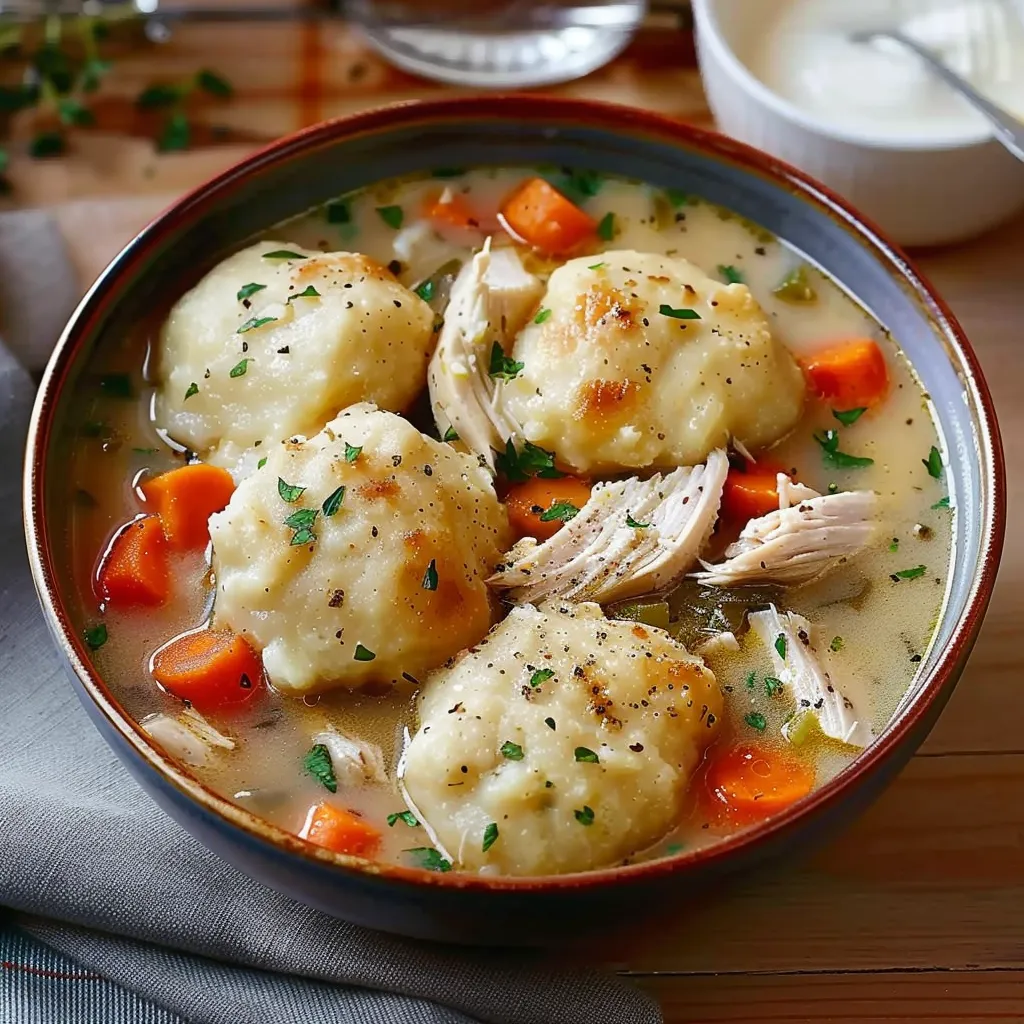 A warm bowl of soup with tender chicken and fluffy dumplings.