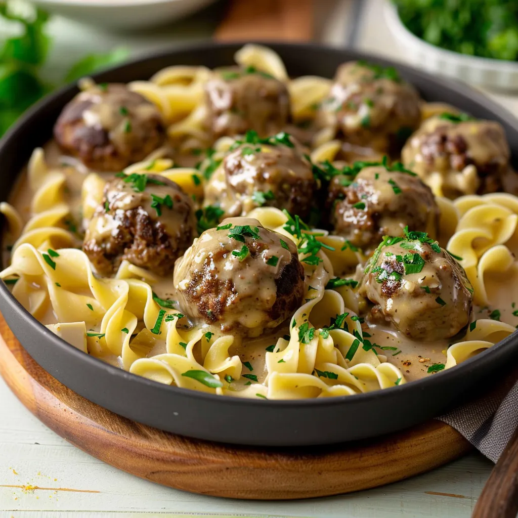 Pasta and meatballs covered in creamy sauce.