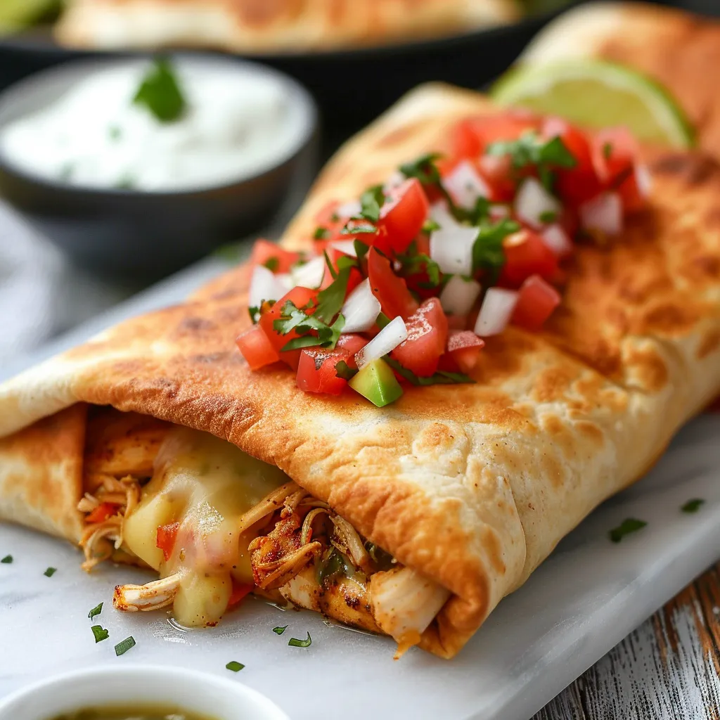 A tortilla wrap with cheese and tomatoes.