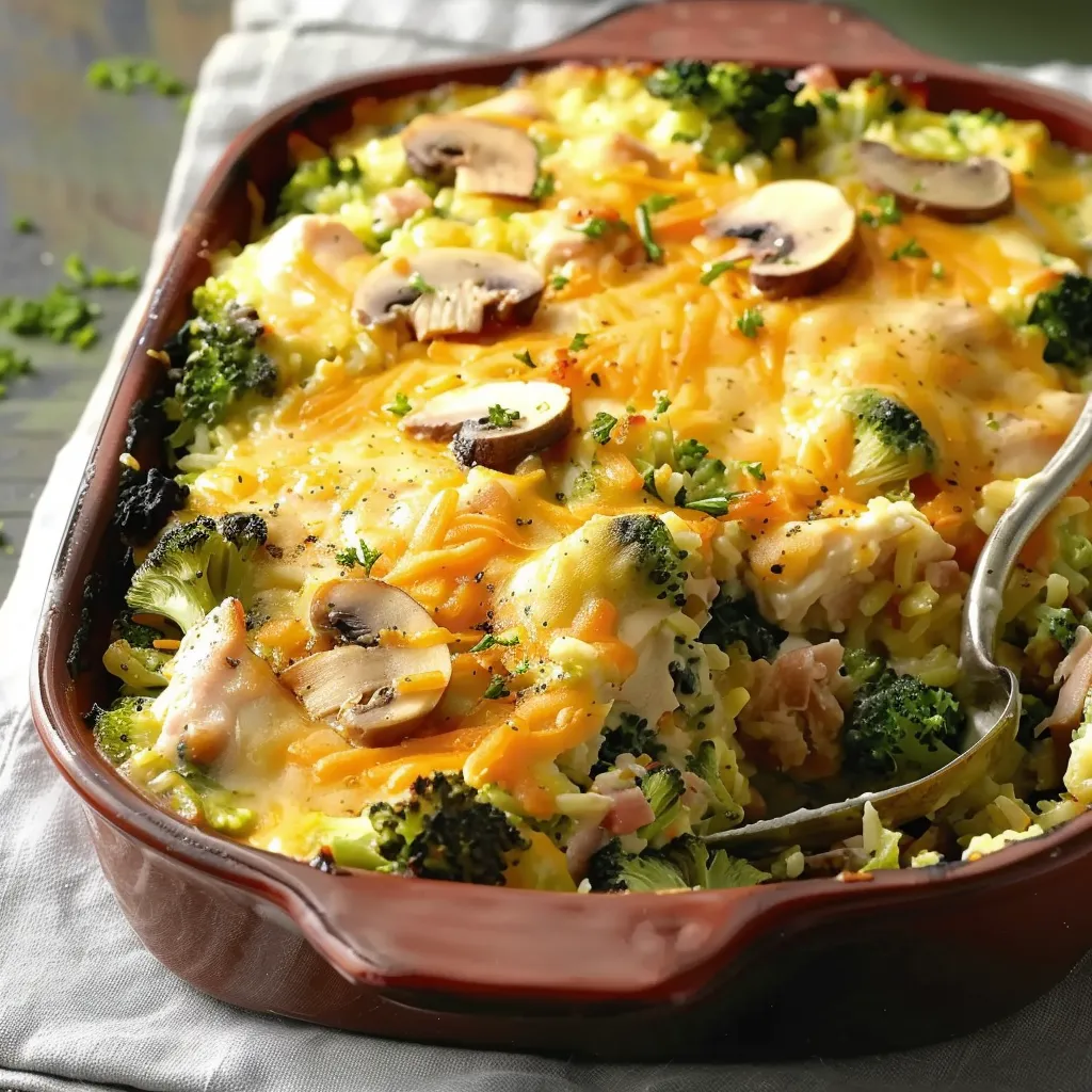 A casserole dish with broccoli and creamy layers.