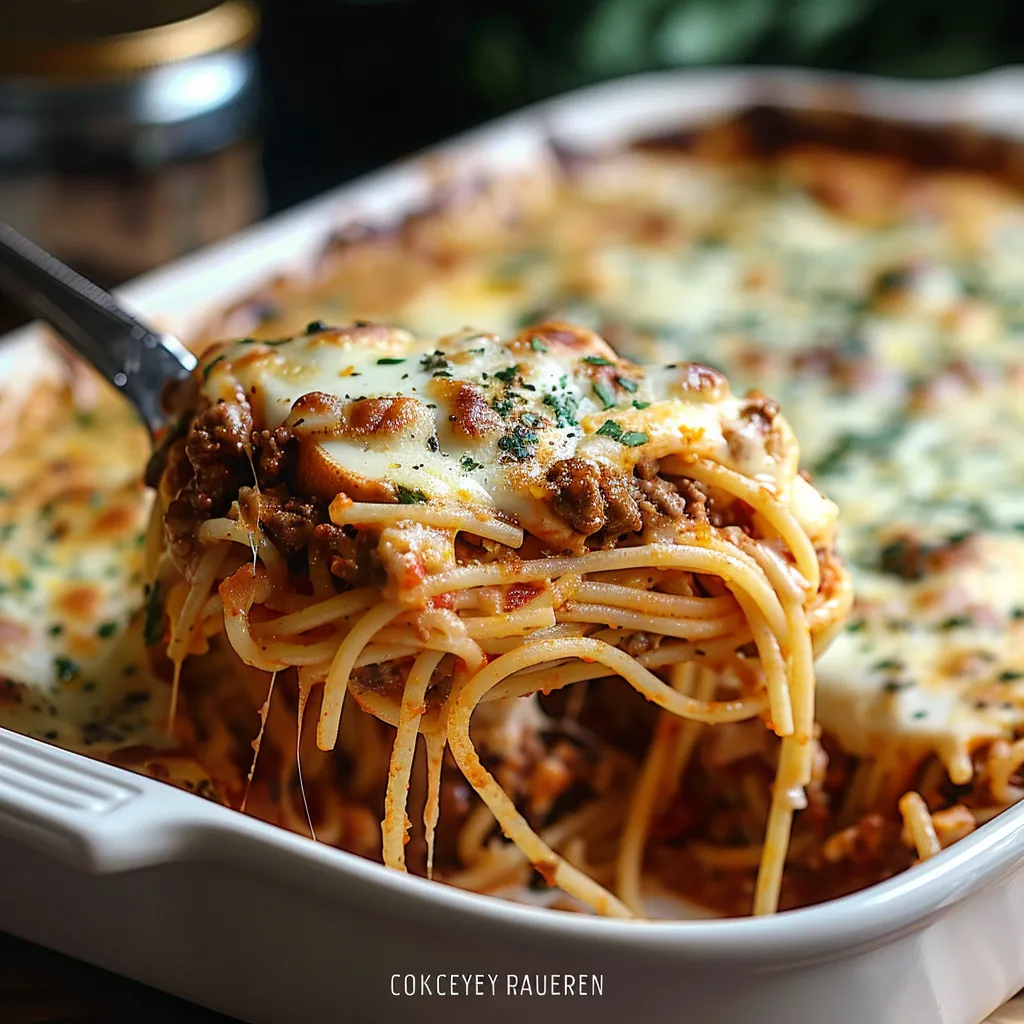 A fork twirling a cheesy pasta bake.