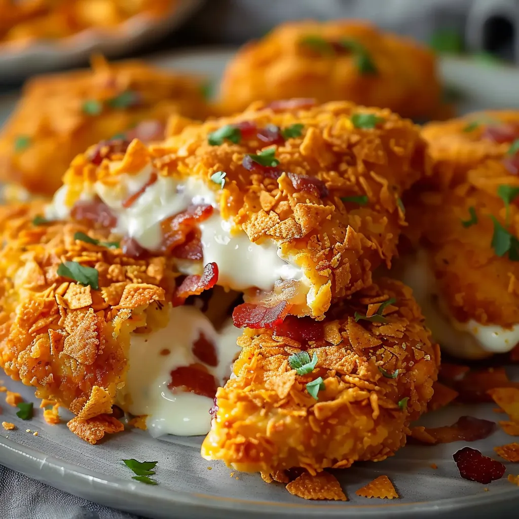 Crispy bacon and cheese-stuffed chicken pieces.