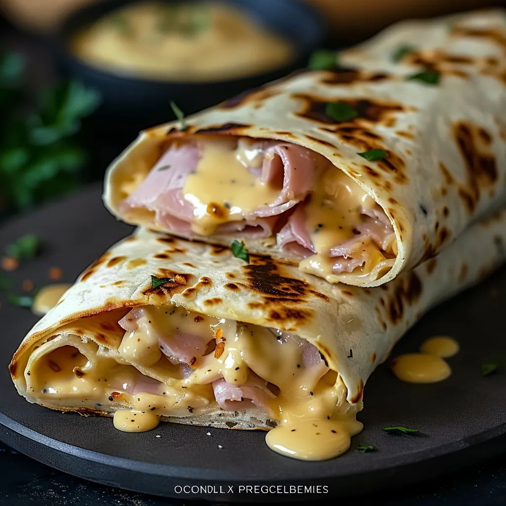 A burrito filled with ham and cheese.