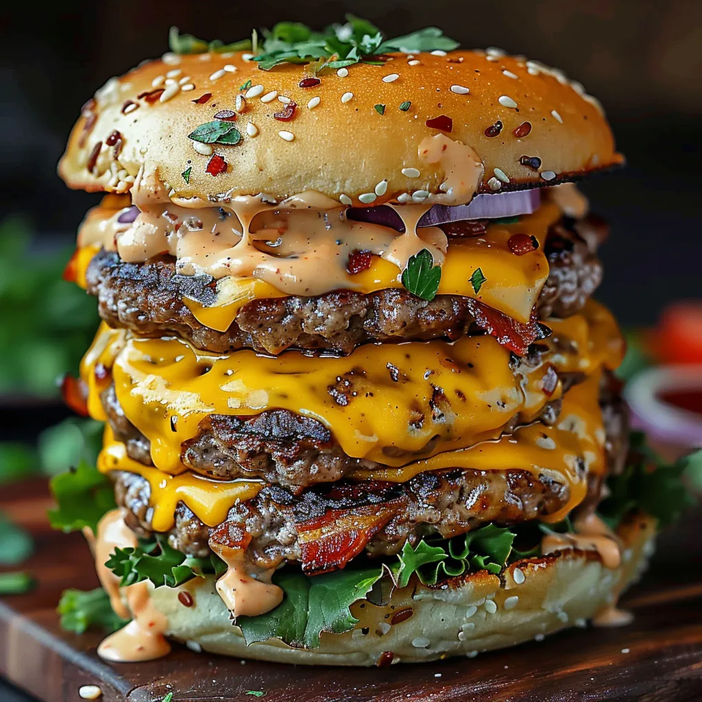 A big burger with bacon, lettuce, and onion.