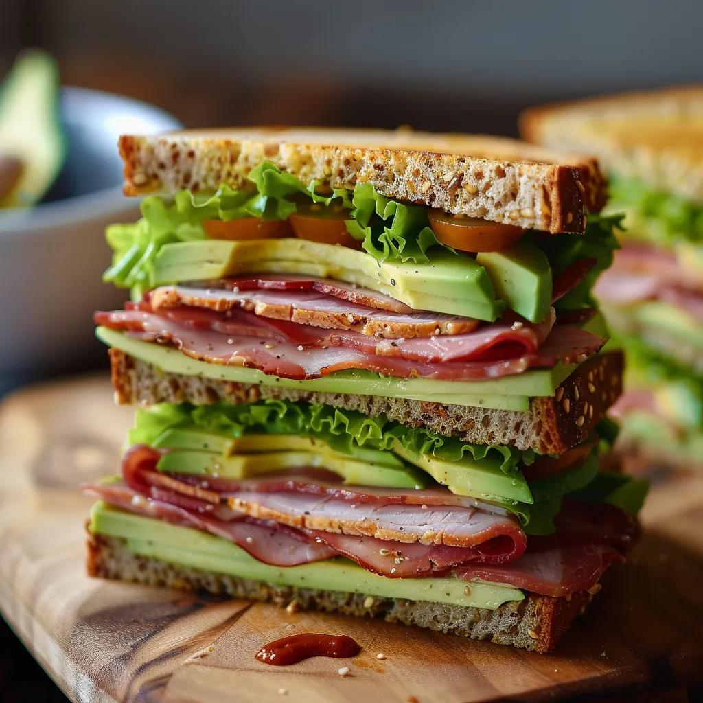 A tall stack of layered sandwiches on a wooden board.