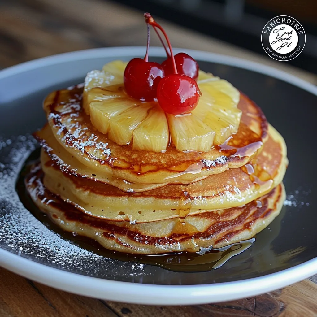 Stacked fluffy pancakes topped with pineapple and a cherry.