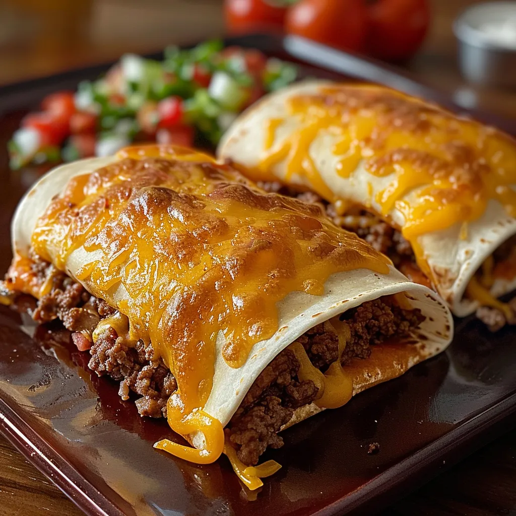 Warm baked tortillas with cheese and beef filling.