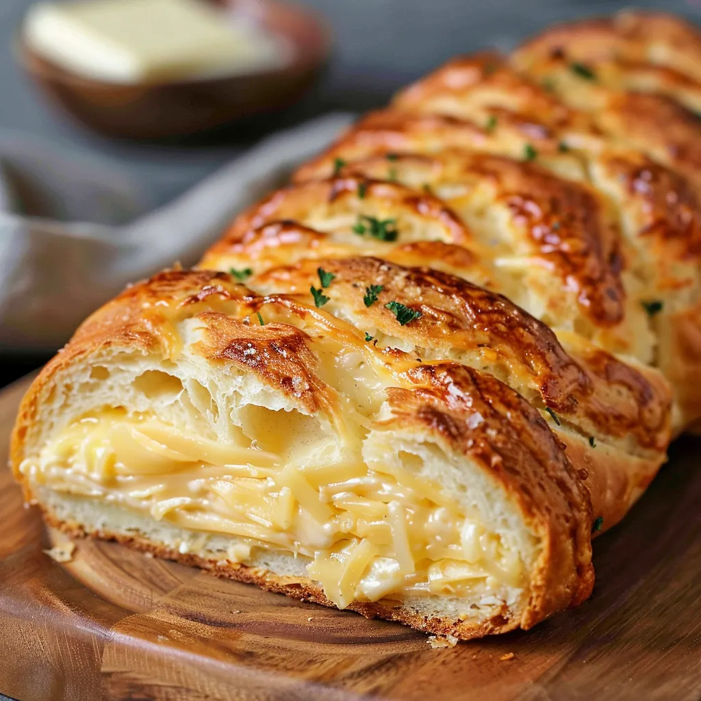 Golden cheesy bread sliced on a wooden board.