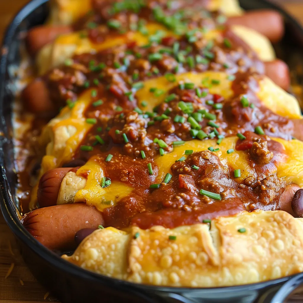A dish of chili dogs with chili, cheese, and onions.
