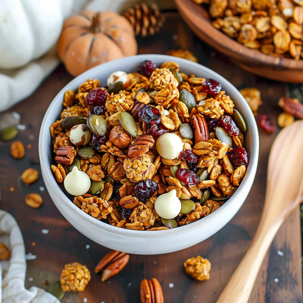 A hearty granola bowl loaded with dried fruits and nuts.