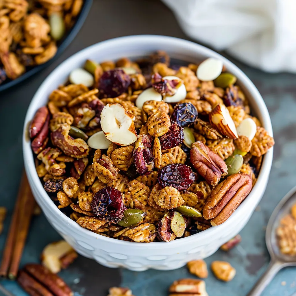 A bowl of cereal with nuts and raisins.