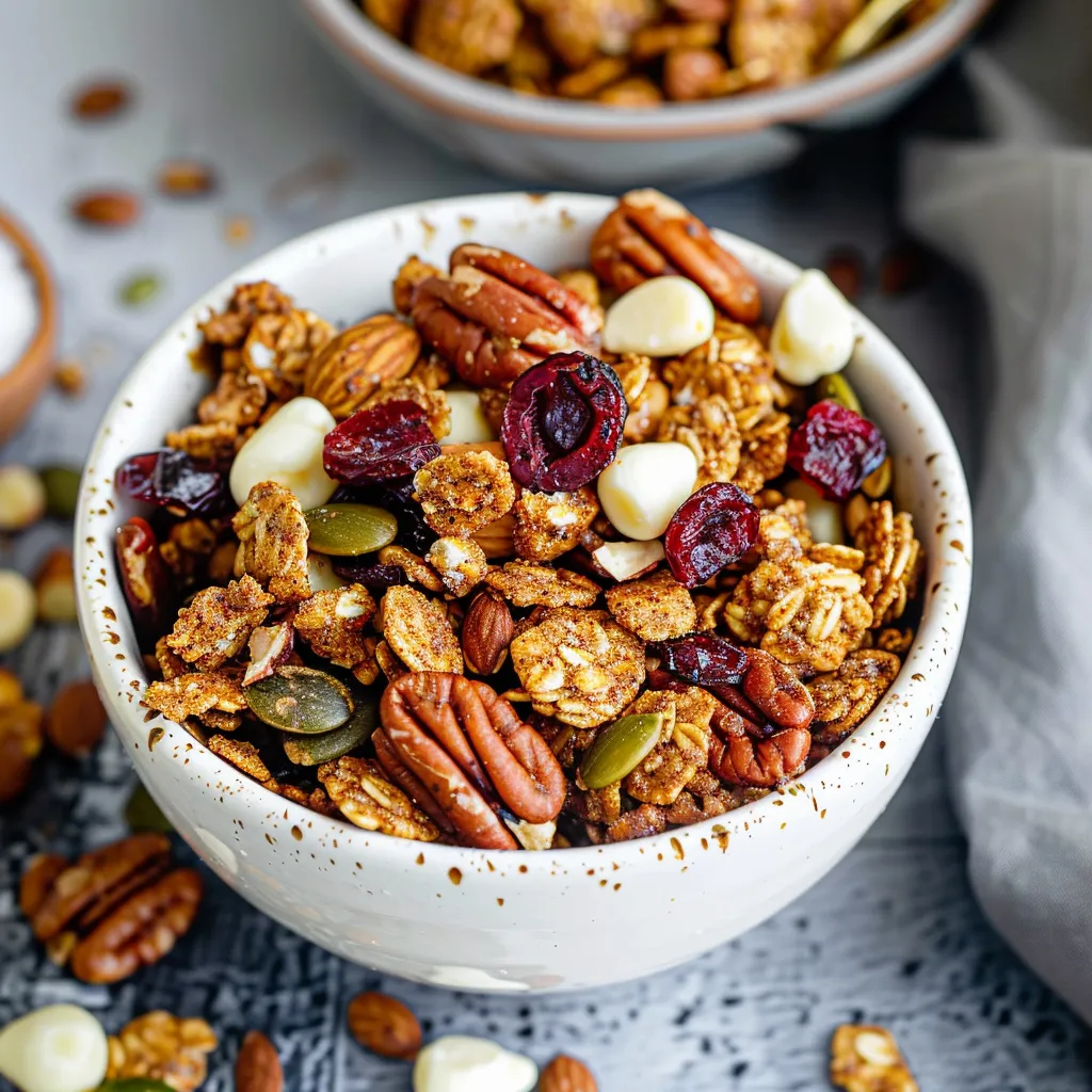 A bowl of granola with nuts and raisins.