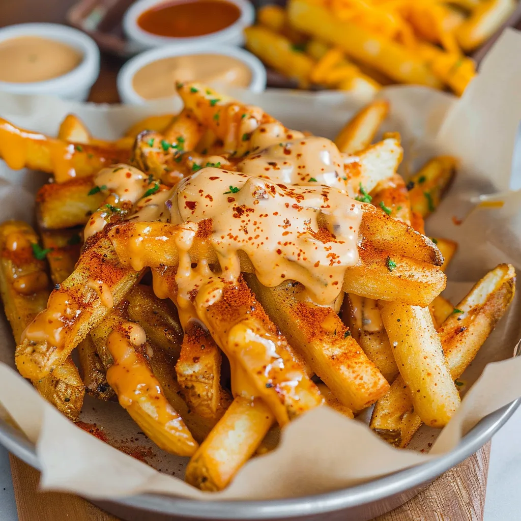 Loaded fries drizzled with cheese and ranch.