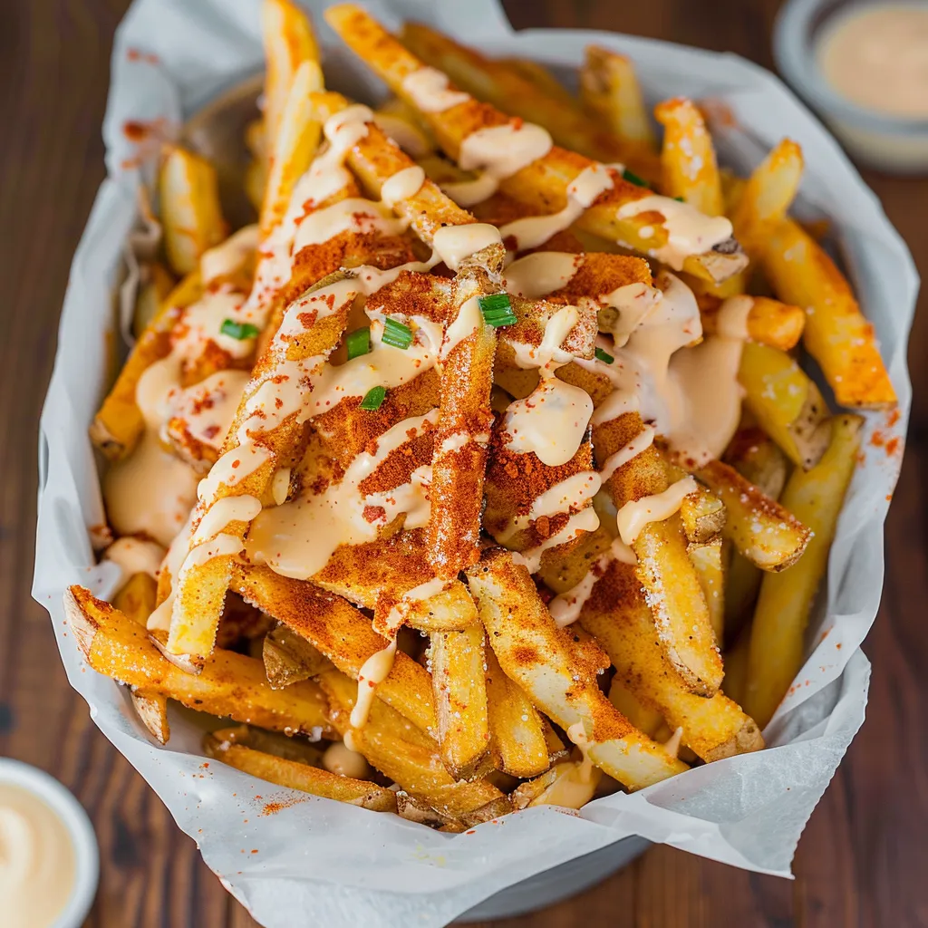 A plate of fries with cheese and sauce.