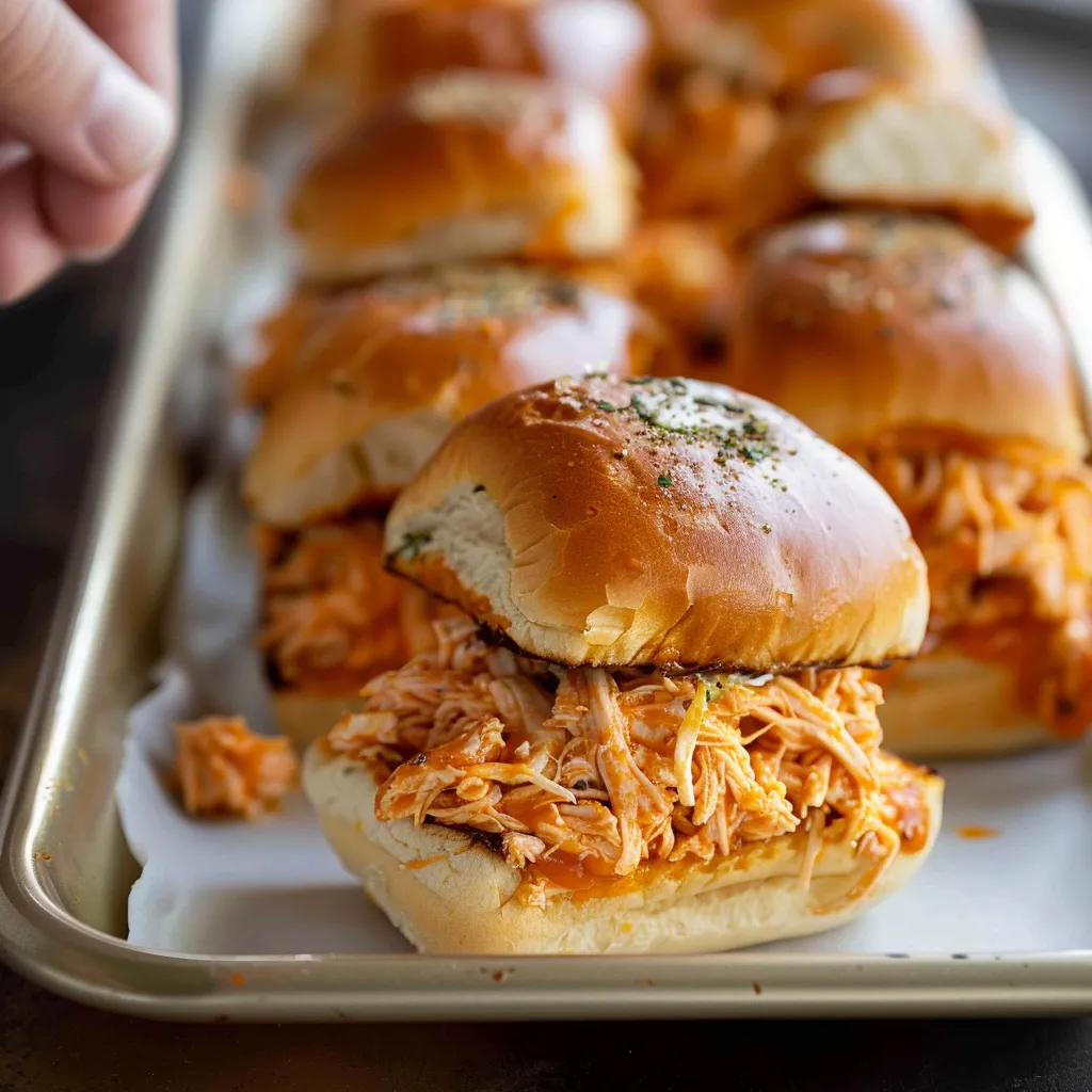 A pan of small sandwiches with melted cheese and seasoned chicken.