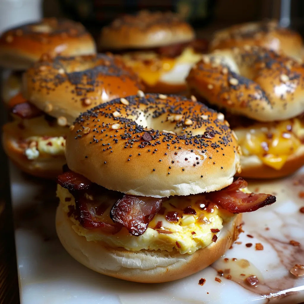 Bacon and egg bagel sandwiches.