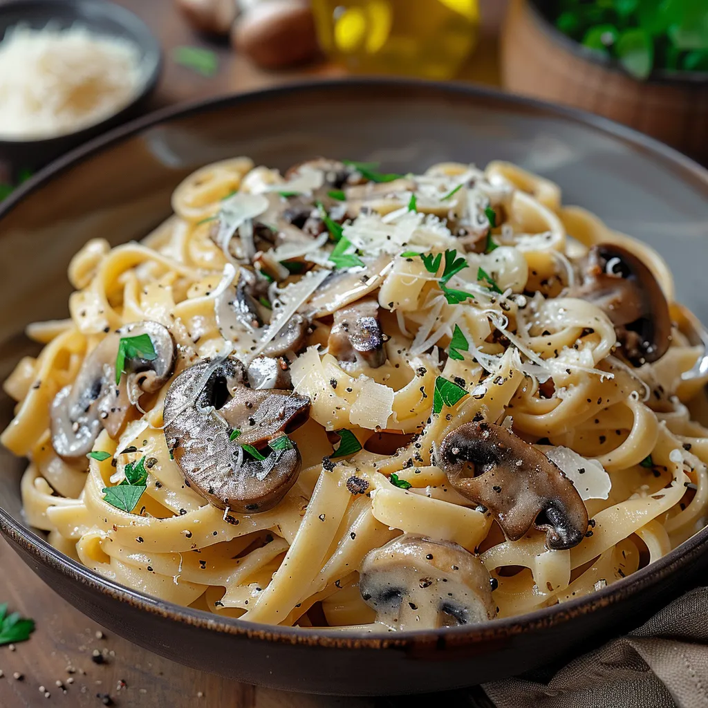 A creamy pasta bowl with mushrooms and cheese.