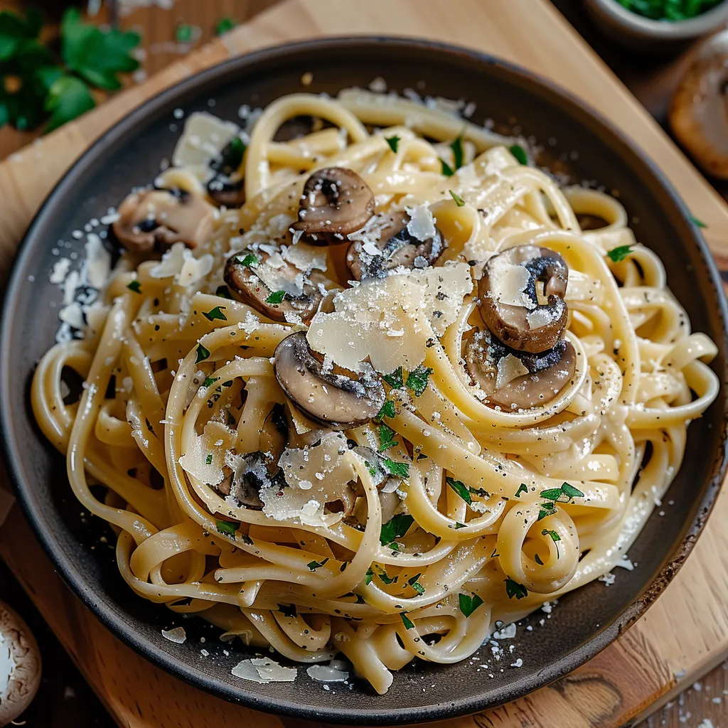 A bowl of pasta with mushrooms and cheese.