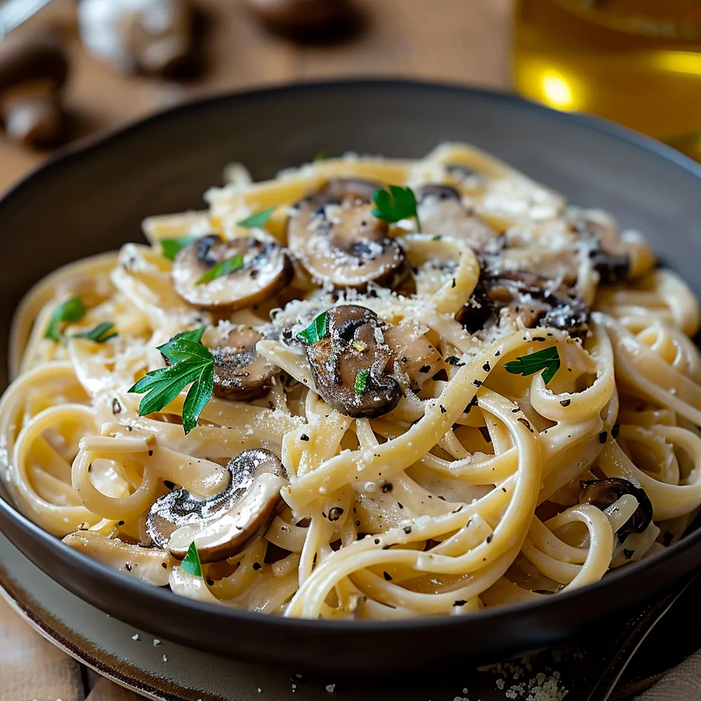 A bowl of pasta with mushrooms and cheese.
