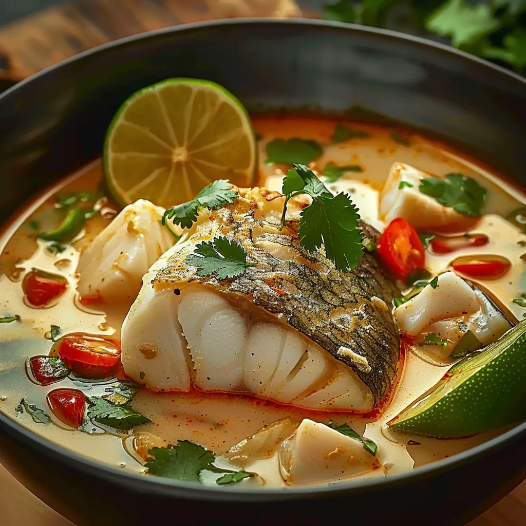 A hearty bowl of coconut lime fish soup with veggies.