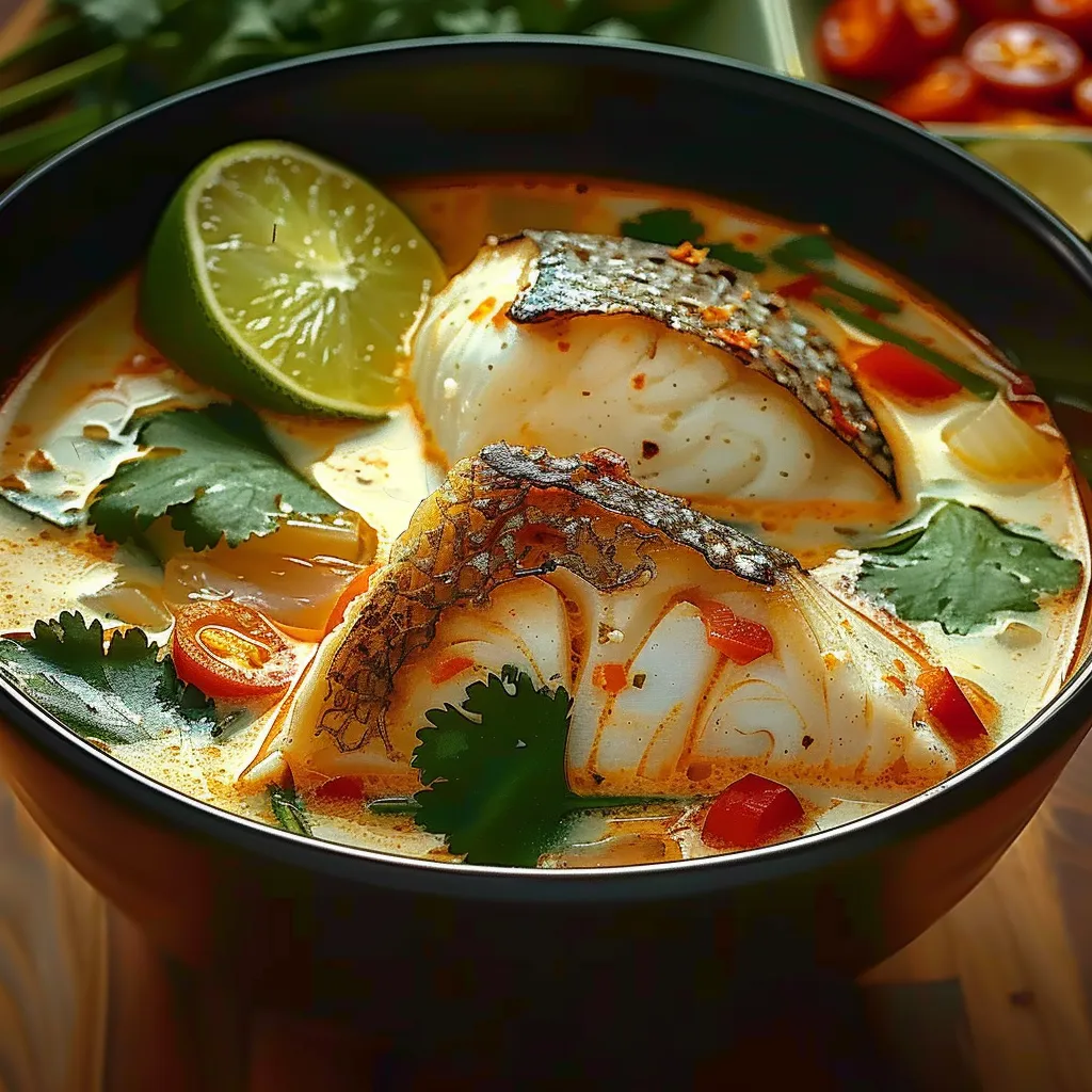 A bowl of soup with fish and vegetables.