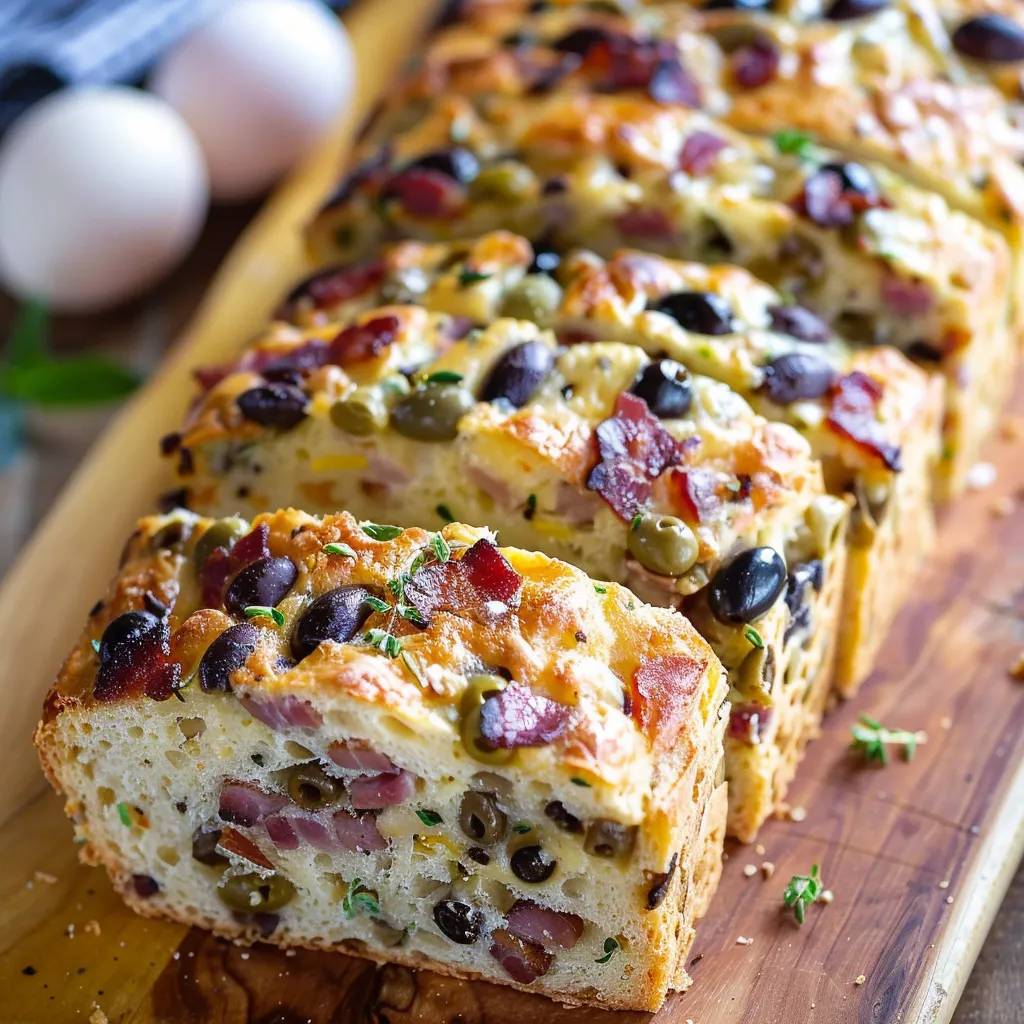 A loaf of bread with olives and bacon on it.